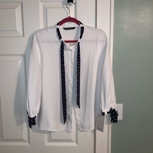 Zara White blouse with Polka dot bows (NWT)